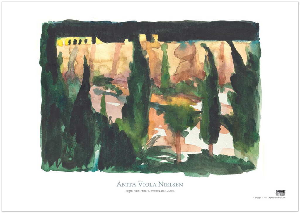Night hike. Athens. Watercolor. - DepressedMedia