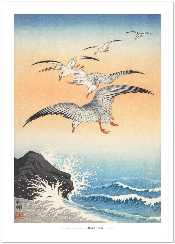 Five seagulls above turbulent sea - DepressedMedia
